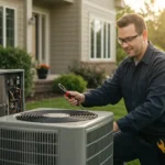 Home air conditioning unit being serviced in Suffolk County