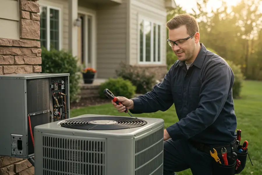 Home air conditioning unit being serviced in Suffolk County