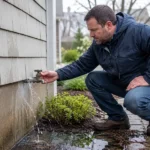 Man inspecting a leaking outdoor faucet beside a house during spring in Suffolk County.
