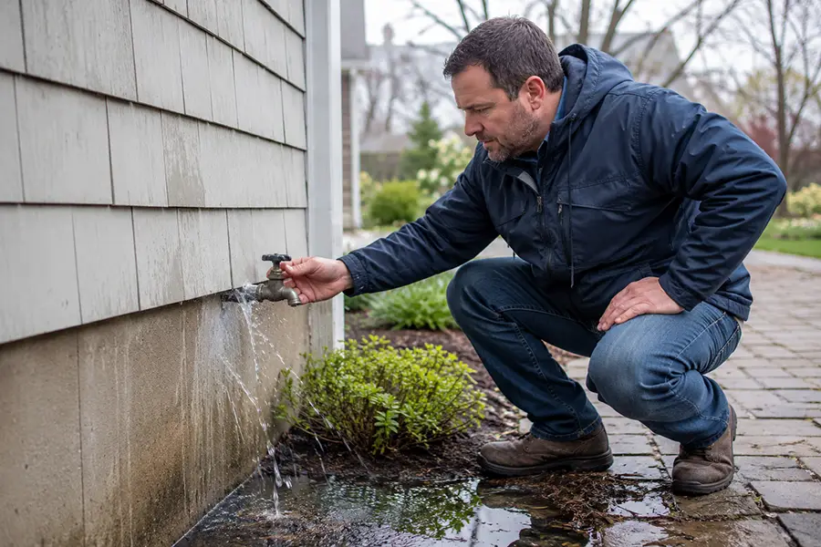 Man inspecting a leaking outdoor faucet beside a house during spring in Suffolk County.